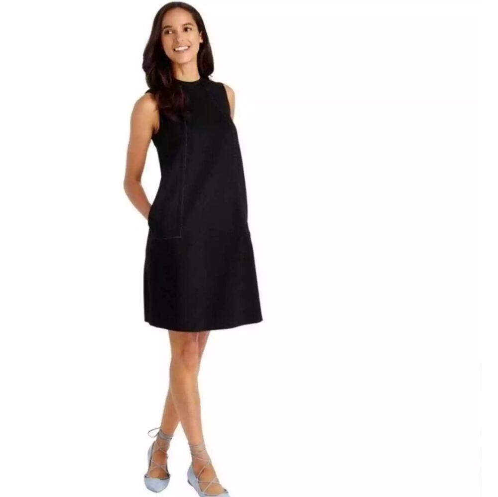 J. McLaughlin Dress Navy Blue Shift Sleeveless Office Ribbon Pockets Mini Size 8